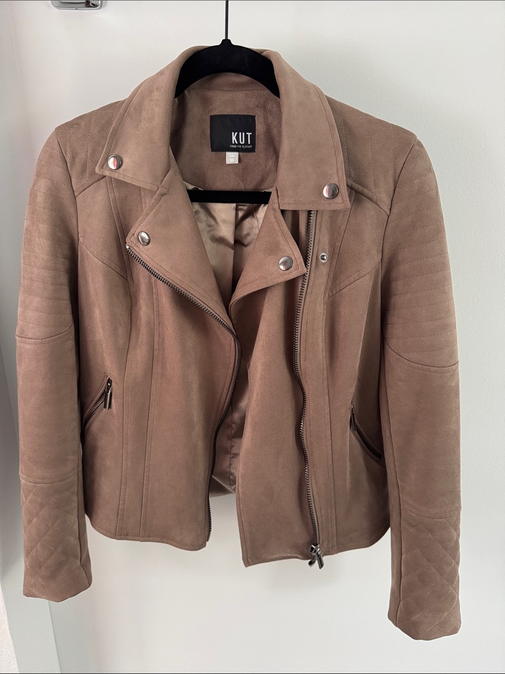Kut from the Kloth Faux Suede Moto Jacket in Taupe
